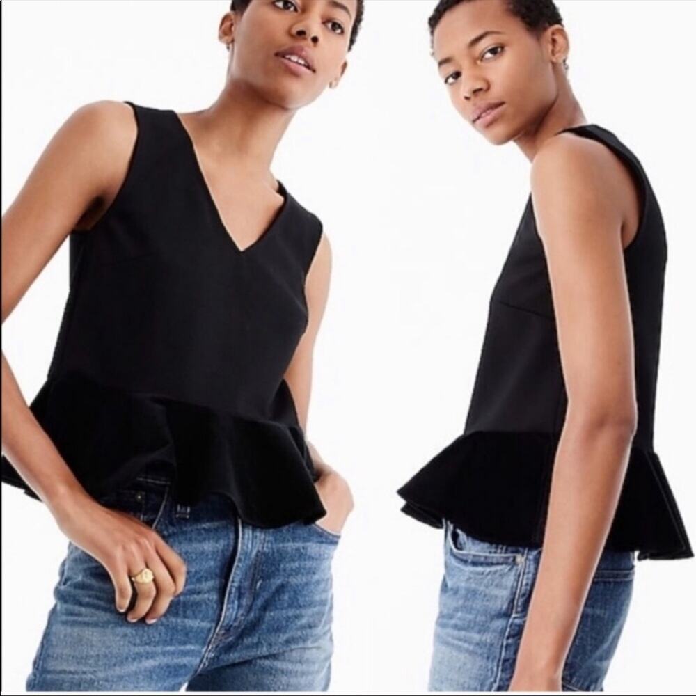 J. Crew Black V neck Peplum Top with Velvet Trim XS